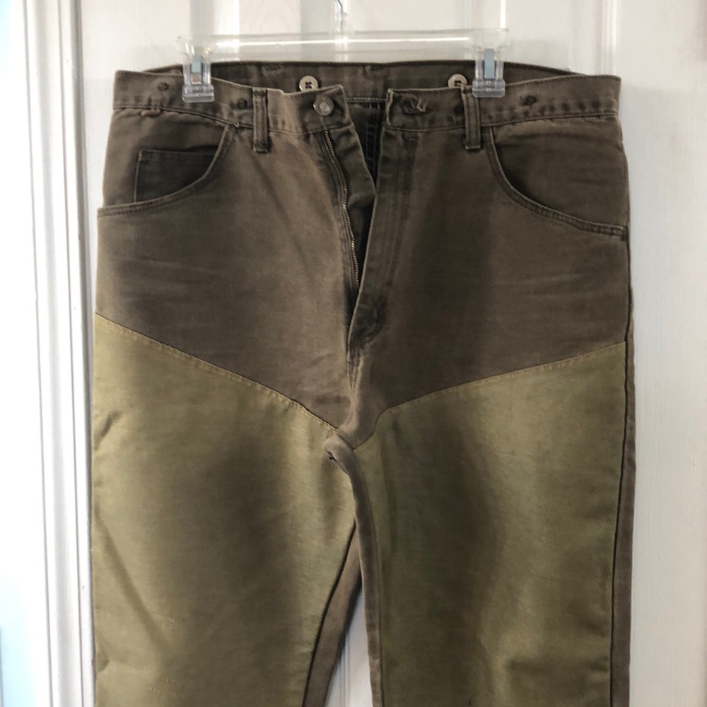 Wrangler men 36x32 jeans.  Brown with greenish overlay on legs.  Very durable